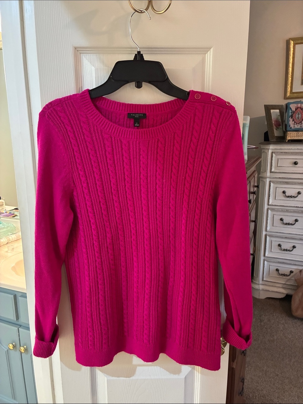 Talbots Bright Fuchsia Cable Knit Soft Crewneck Sweater SZ LP